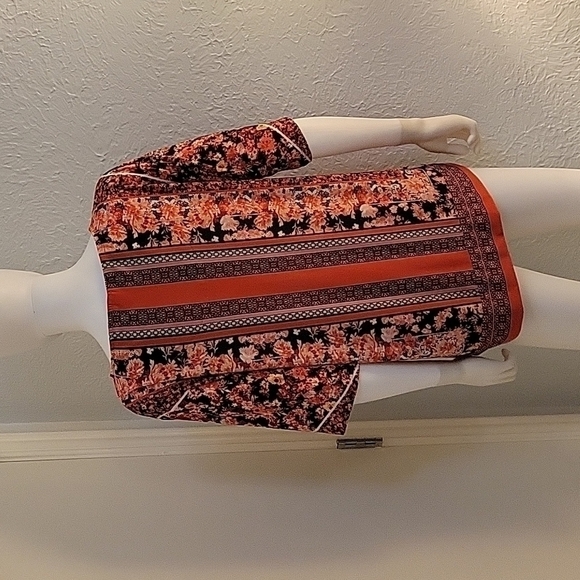 5/$25 Roz & ALI Coral Floral Rose Stripe Waist Tie Blouse FLAWED - Picture 6 of 11